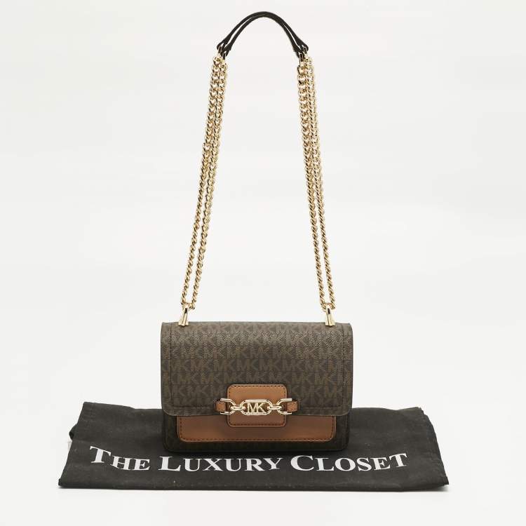 Pre Owned Michael Kors Brown Signature Coated Canvas Extra Small Heather Shoulder Bag