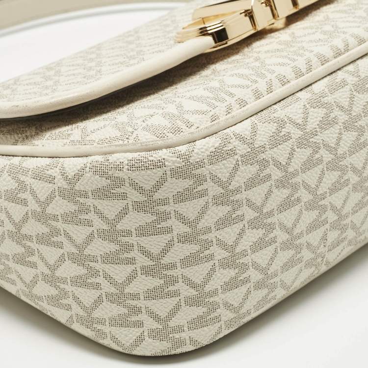 Pre Owned Michael Kors White Signature Coated Canvas and Leather Parker Medium Logo Shoulder Bag
