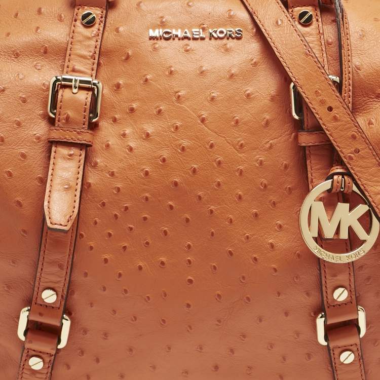 Pre Owned Michael Kors Orange Ostrich Embossed Leather Bedford Belted Satchel