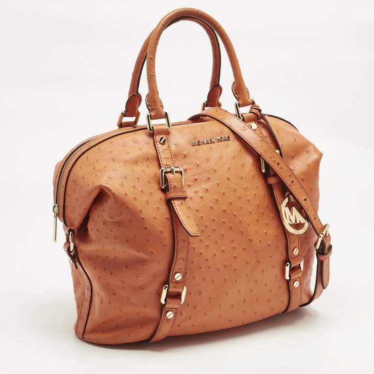 Pre Owned Michael Kors Orange Ostrich Embossed Leather Bedford Belted Satchel