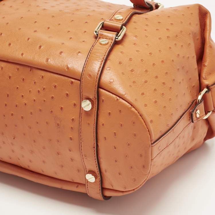 Pre Owned Michael Kors Orange Ostrich Embossed Leather Bedford Belted Satchel