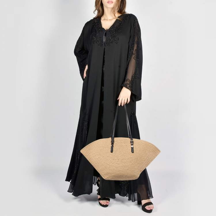 Pre Owned Michael Kors Beige/Black Raffia and Leather Fan Large Beach Tote