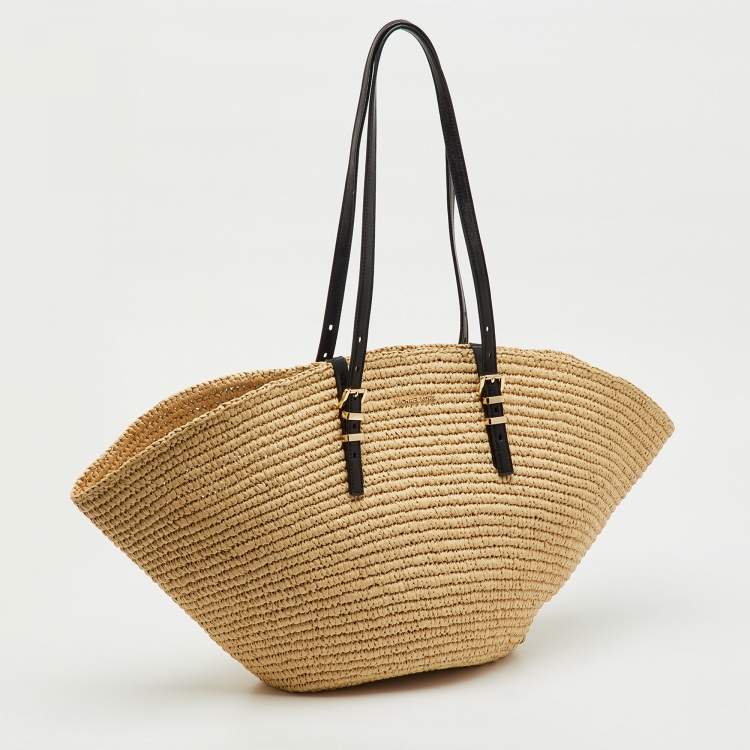 Pre Owned Michael Kors Beige/Black Raffia and Leather Fan Large Beach Tote