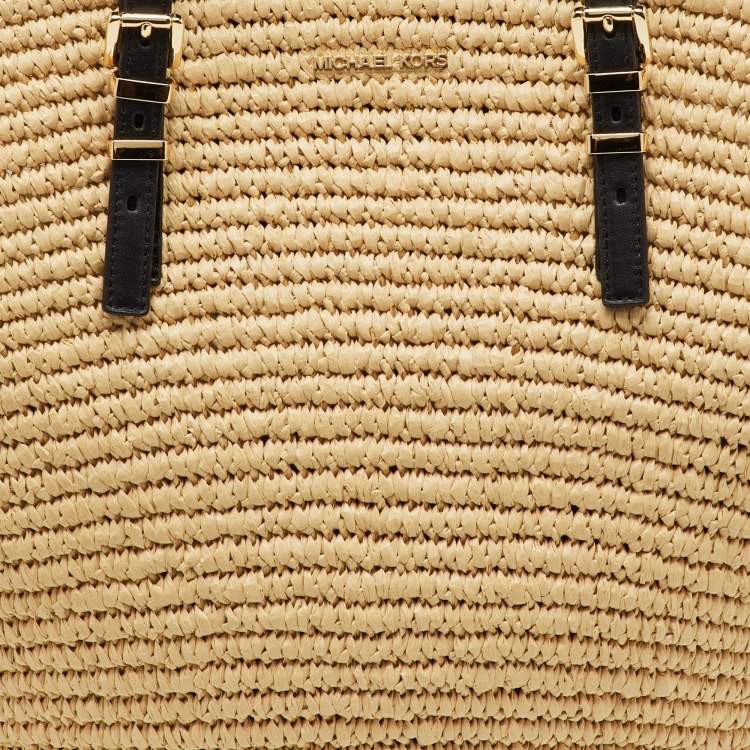 Pre Owned Michael Kors Beige/Black Raffia and Leather Fan Large Beach Tote