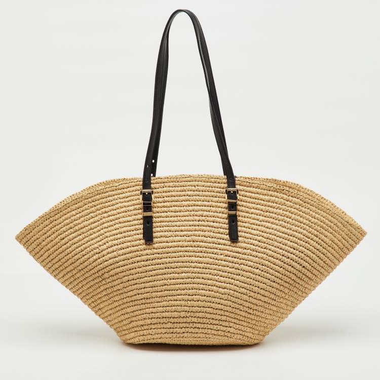 Pre Owned Michael Kors Beige/Black Raffia and Leather Fan Large Beach Tote