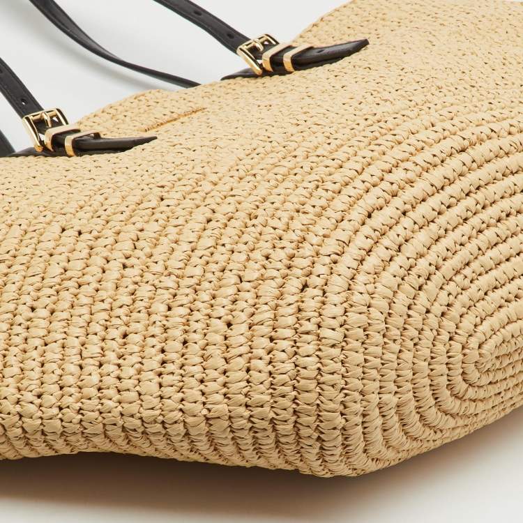 Pre Owned Michael Kors Beige/Black Raffia and Leather Fan Large Beach Tote