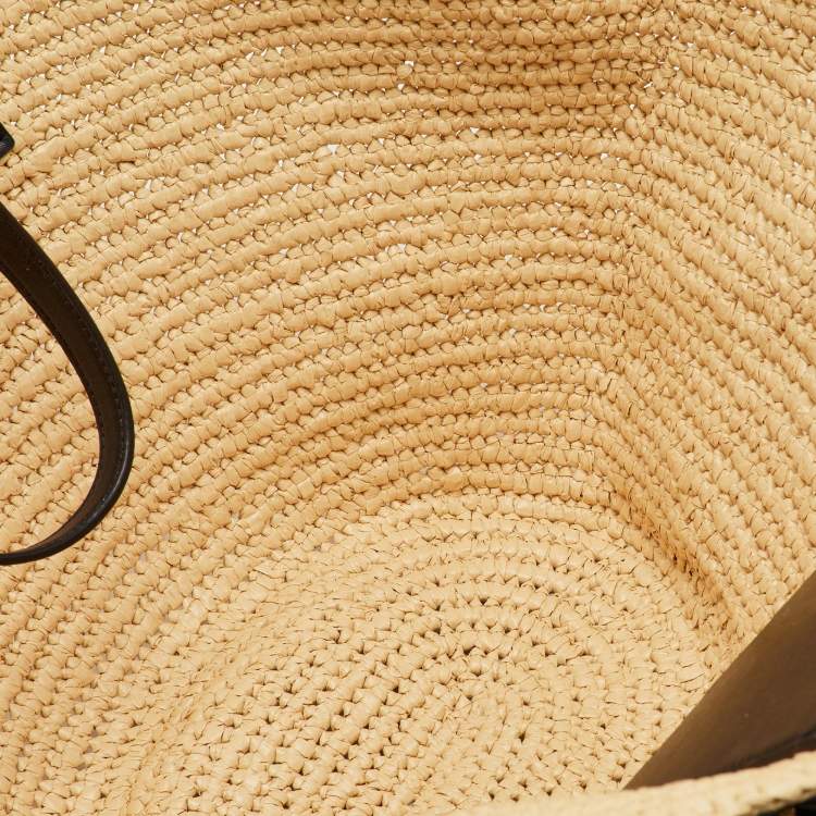 Pre Owned Michael Kors Beige/Black Raffia and Leather Fan Large Beach Tote