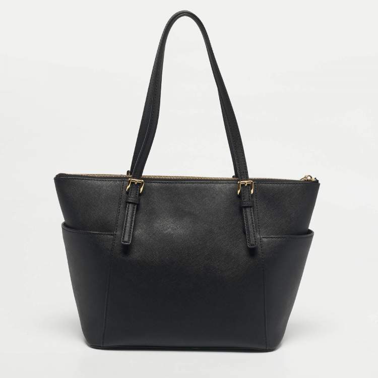 Pre Owned Michael Black Leather East West Top Zip Tote