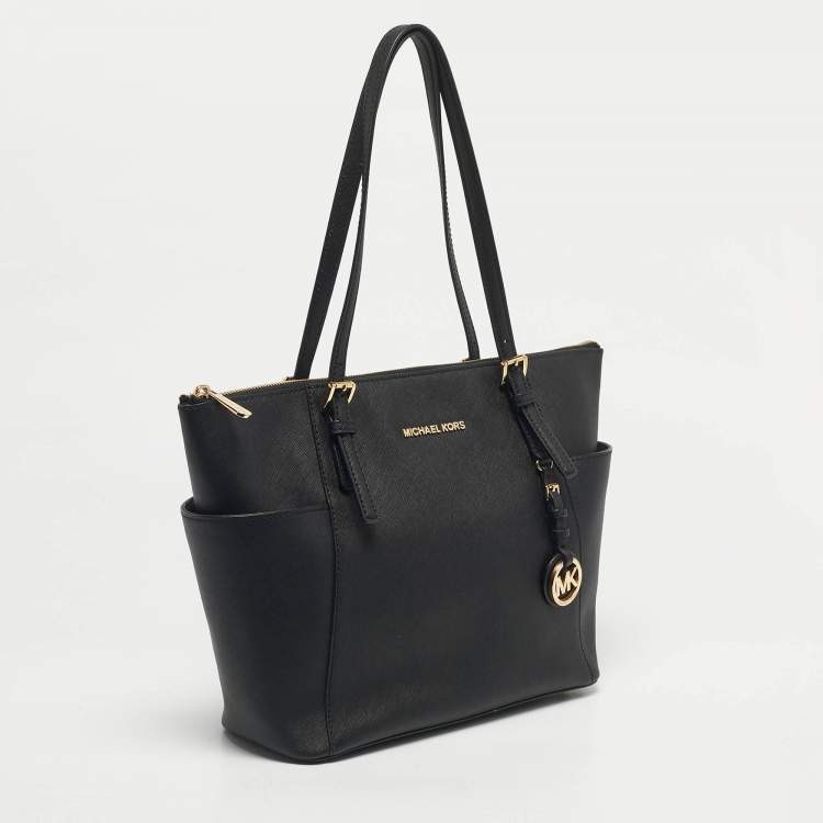 Pre Owned Michael Black Leather East West Top Zip Tote