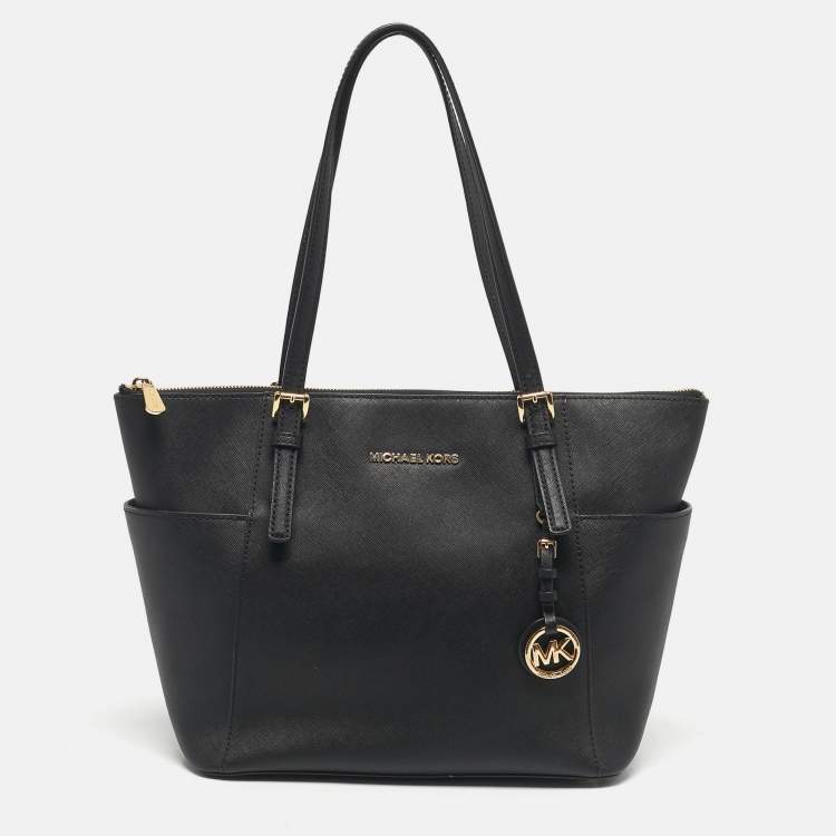Pre Owned Michael Black Leather East West Top Zip Tote