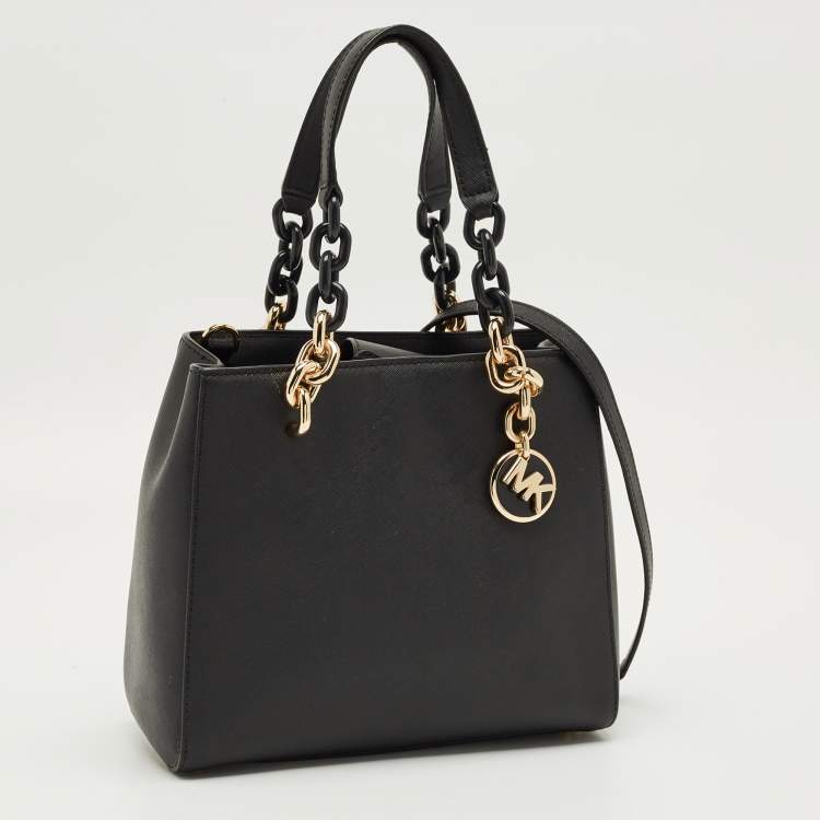 Pre Owned Michael Kors Black Saffiano Leather Mini Cynthia Tote