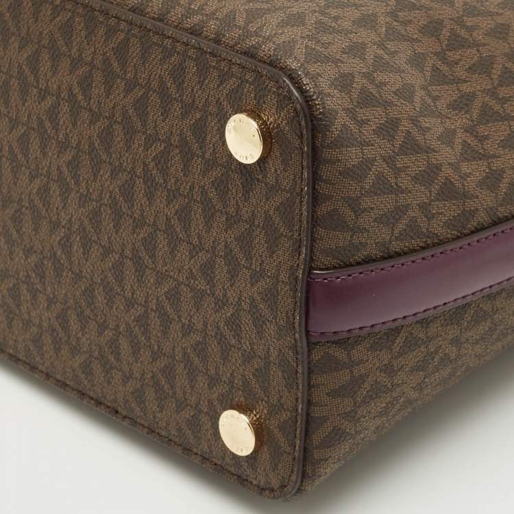 Pre Owned Michael Kors Purple/Brown Signature Coated Canvas and Leather Bucket Bag