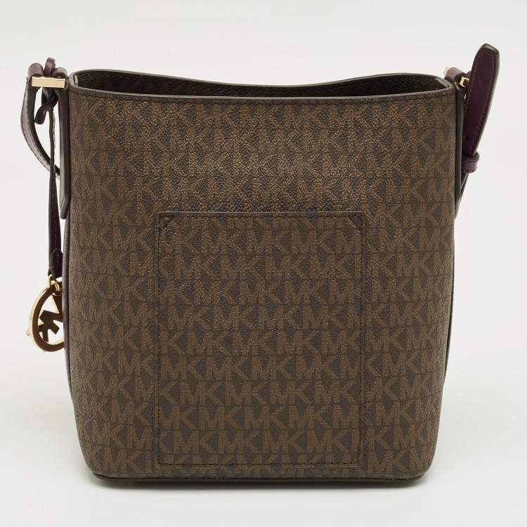 Pre Owned Michael Kors Purple/Brown Signature Coated Canvas and Leather Bucket Bag