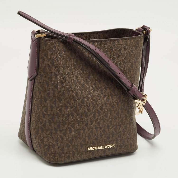Pre Owned Michael Kors Purple/Brown Signature Coated Canvas and Leather Bucket Bag
