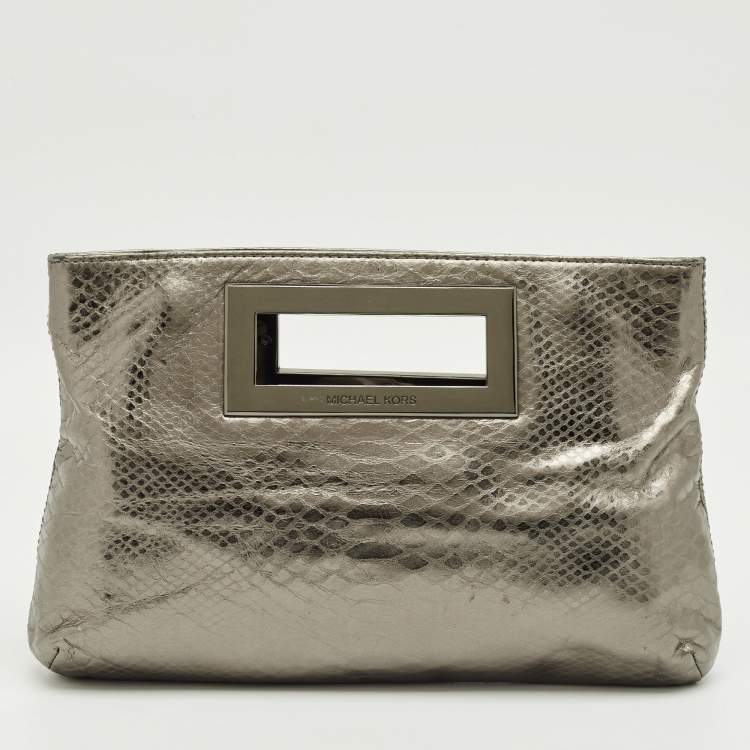 Pre Owned Michael Kors Metallic Python Embossed Leather Berkley Clutch