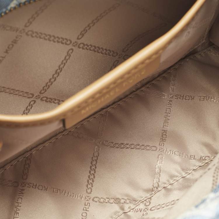 Pre Owned Michael Kors Blue/Beige Empire Logo Jacquard Canvas Small Gigi Tote