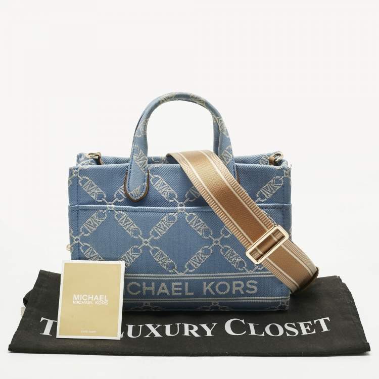 Pre Owned Michael Kors Blue/Beige Empire Logo Jacquard Canvas Small Gigi Tote