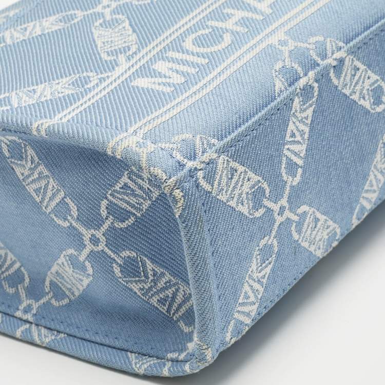 Pre Owned Michael Kors Blue/Beige Empire Logo Jacquard Canvas Small Gigi Tote