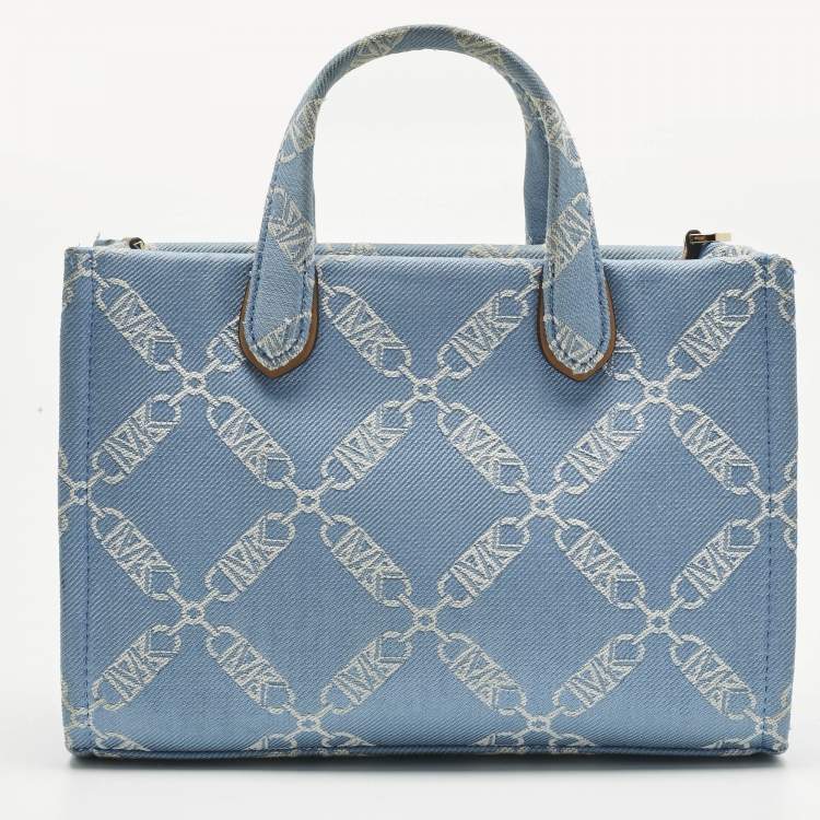 Pre Owned Michael Kors Blue/Beige Empire Logo Jacquard Canvas Small Gigi Tote