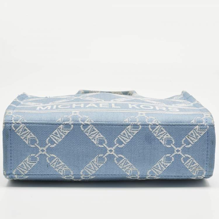 Pre Owned Michael Kors Blue/Beige Empire Logo Jacquard Canvas Small Gigi Tote