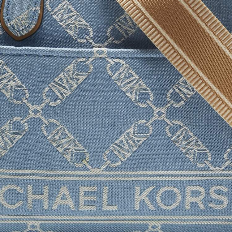 Pre Owned Michael Kors Blue/Beige Empire Logo Jacquard Canvas Small Gigi Tote