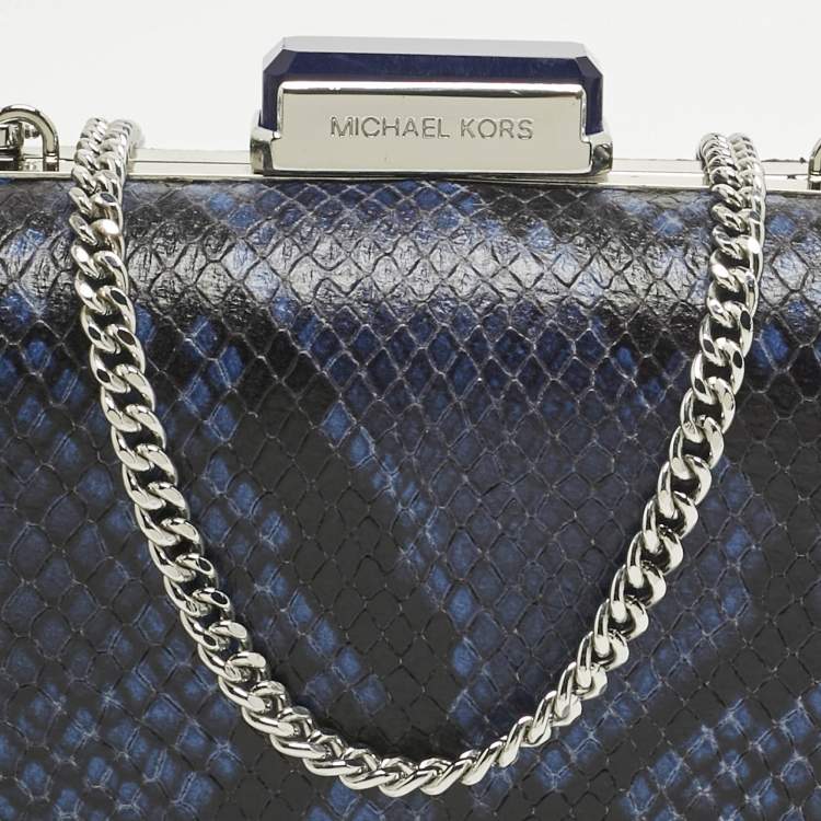 Pre Owned Michael Kors Blue/Black Python Embossed Leather Elsie Dome Chain Clutch