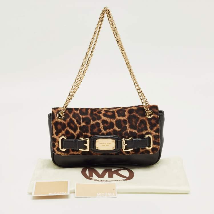 Pre Owned Michael Kors Black/Brown Leopard Print Calfhair and Leather Small Hamilton Flap Shoulder Bag