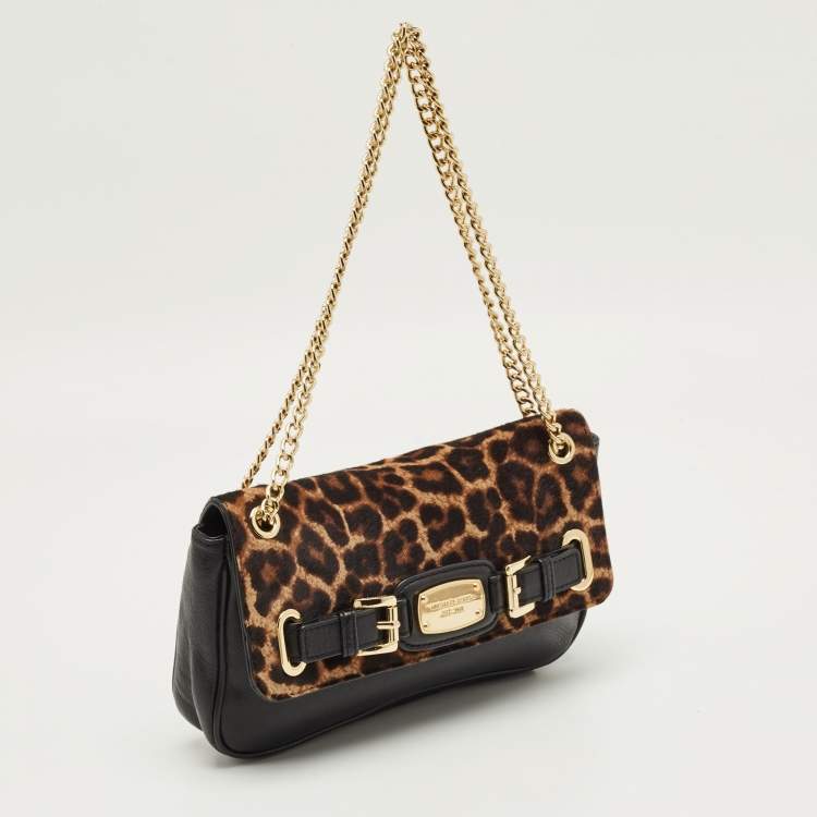 Pre Owned Michael Kors Black/Brown Leopard Print Calfhair and Leather Small Hamilton Flap Shoulder Bag