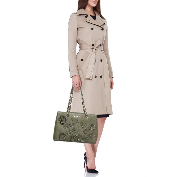 Pre Owned Michael Kors Green Leather Medium EW Susannah Embellished Tote