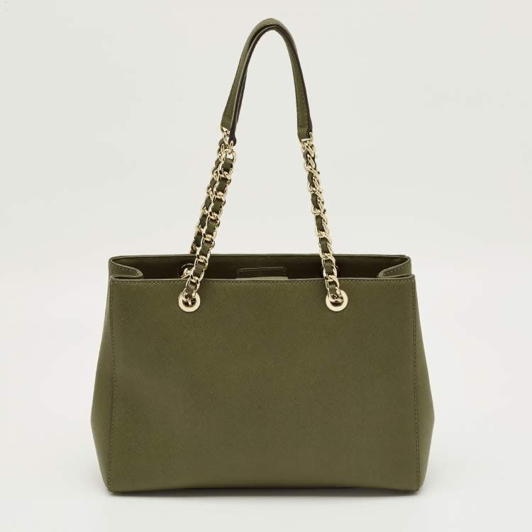 Pre Owned Michael Kors Green Leather Medium EW Susannah Embellished Tote