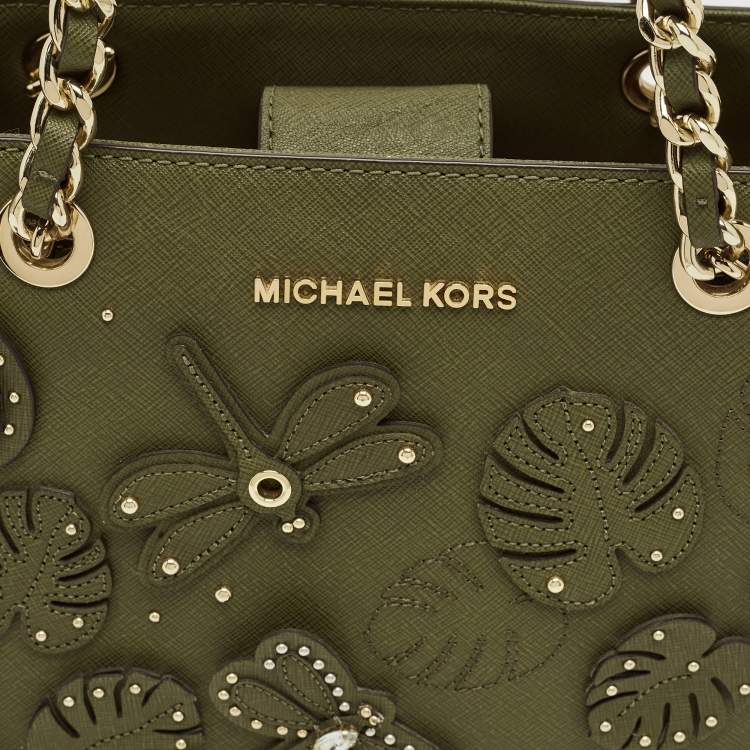 Pre Owned Michael Kors Green Leather Medium EW Susannah Embellished Tote