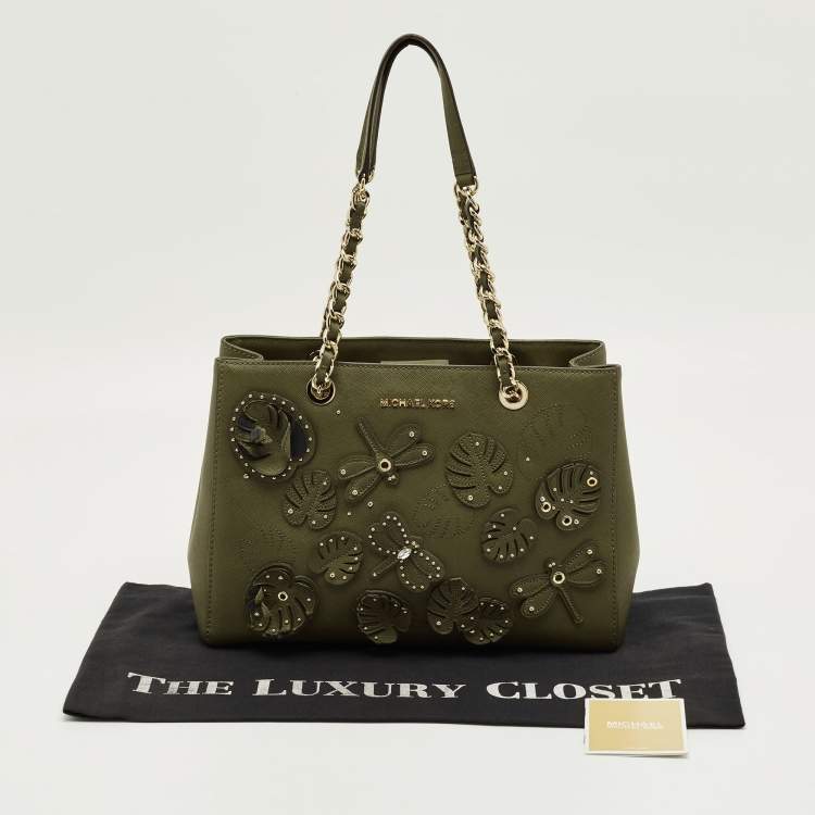 Pre Owned Michael Kors Green Leather Medium EW Susannah Embellished Tote