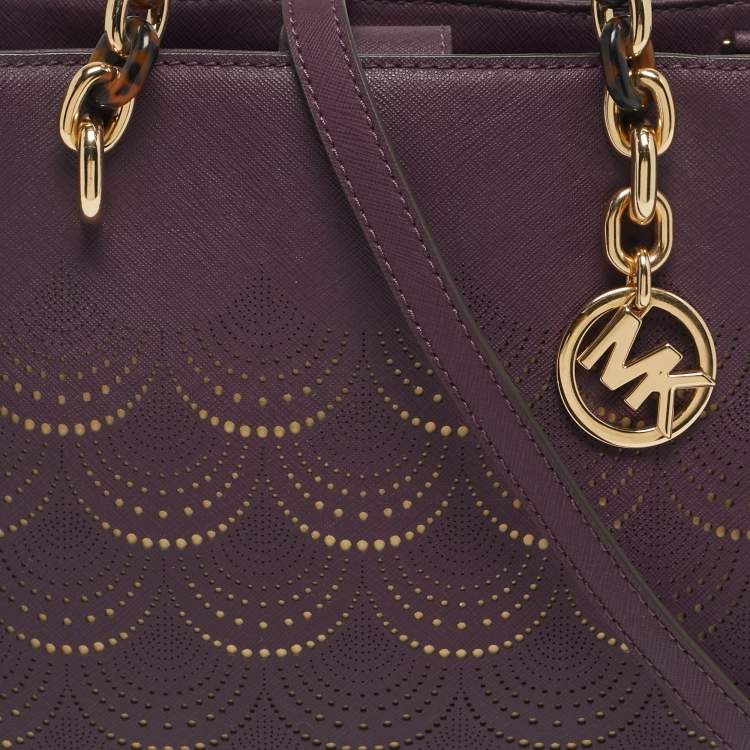 Pre Owned Michael Kors Purple Lasercut Leather North South Sofia Tote