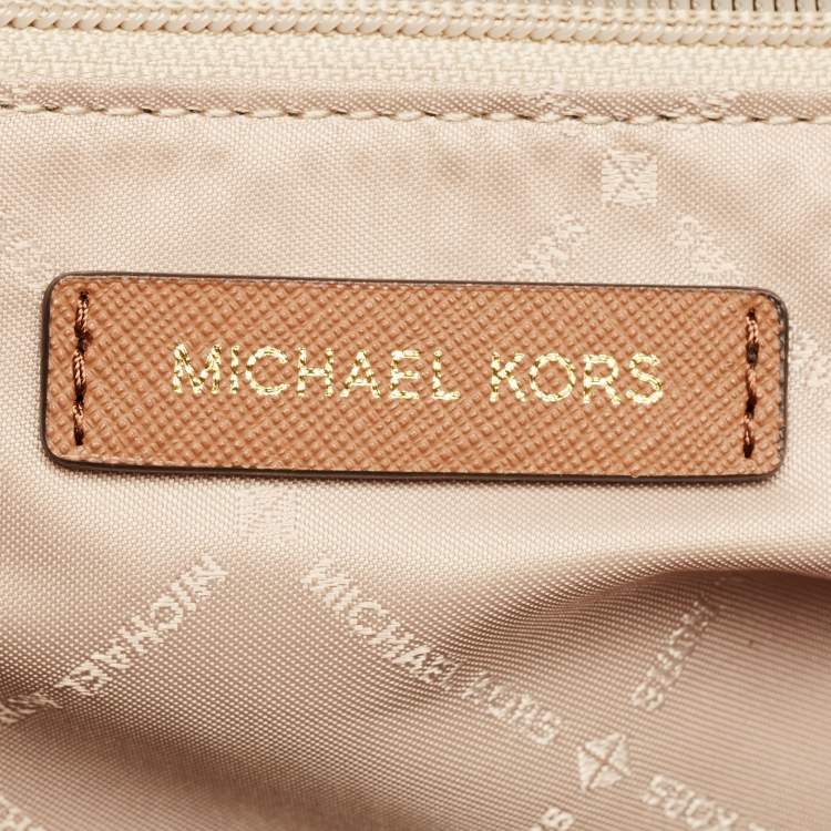 Pre Owned Michael Kors White/Brown Signature Coated Canvas and Leather Large Jet Set Travel Chain Bag