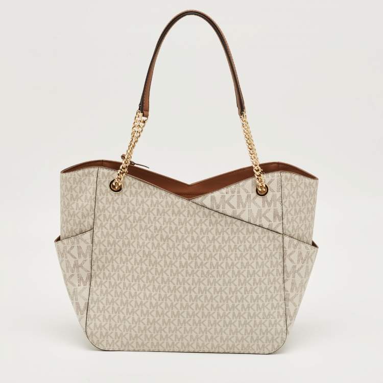 Pre Owned Michael Kors White/Brown Signature Coated Canvas and Leather Large Jet Set Travel Chain Bag