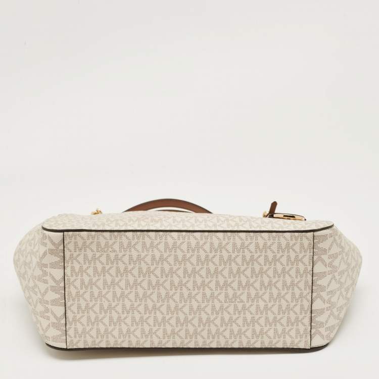 Pre Owned Michael Kors White/Brown Signature Coated Canvas and Leather Large Jet Set Travel Chain Bag