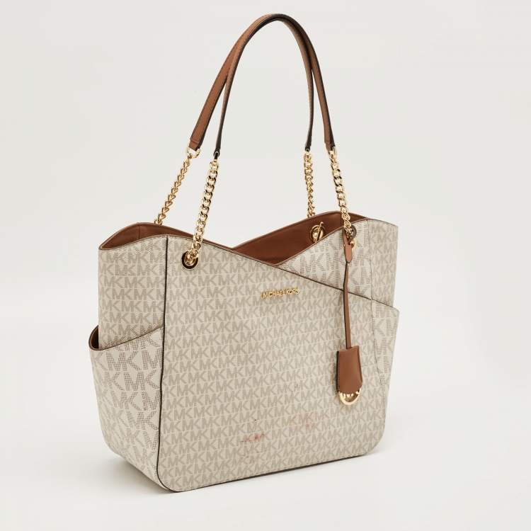 Pre Owned Michael Kors White/Brown Signature Coated Canvas and Leather Large Jet Set Travel Chain Bag
