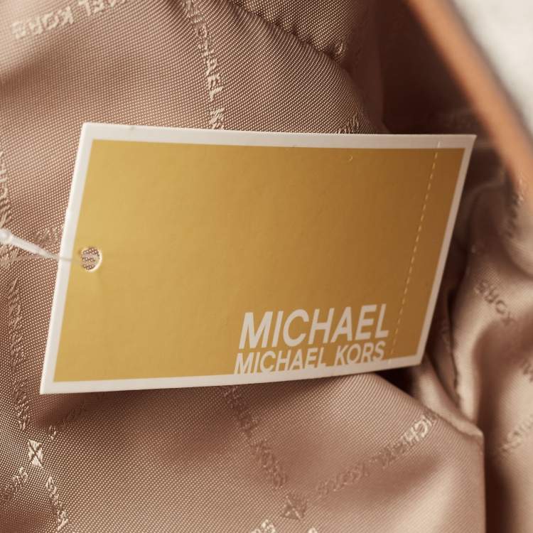 Pre Owned Michael Kors White/Brown Signature Coated Canvas and Leather Large Jet Set Travel Chain Bag