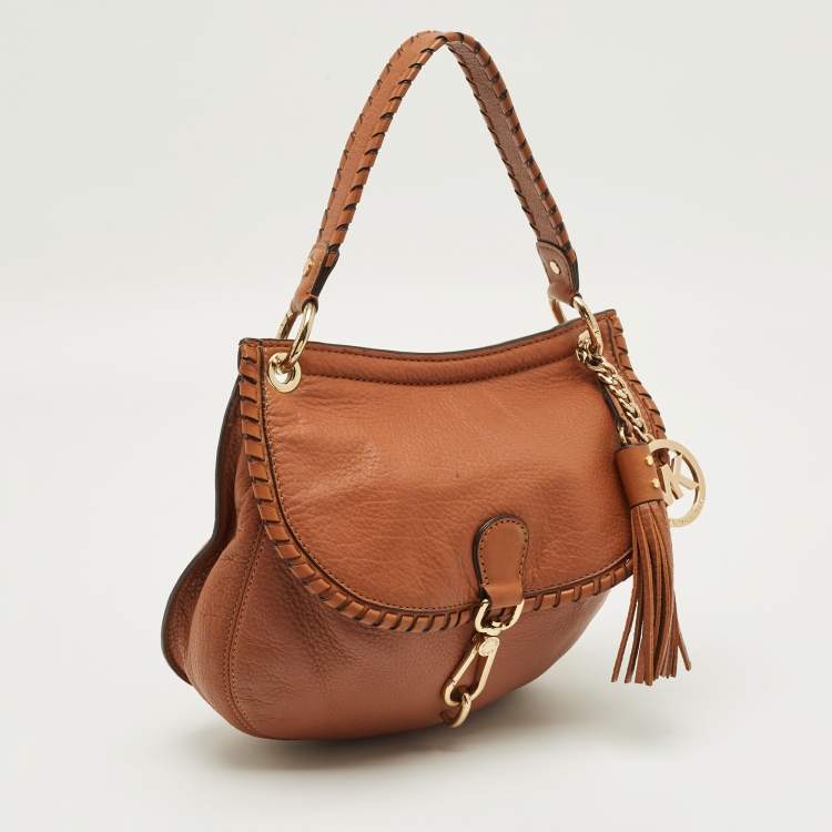 Pre Owned Michael Kors Brown Leather Tassel Braided Flap Hobo
