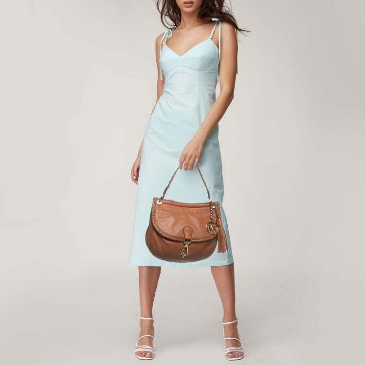 Pre Owned Michael Kors Brown Leather Tassel Braided Flap Hobo