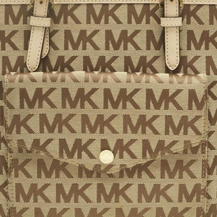 Pre Owned Michael Kors Beige Signature Canvas and Leather Jet Set Pocket Tote