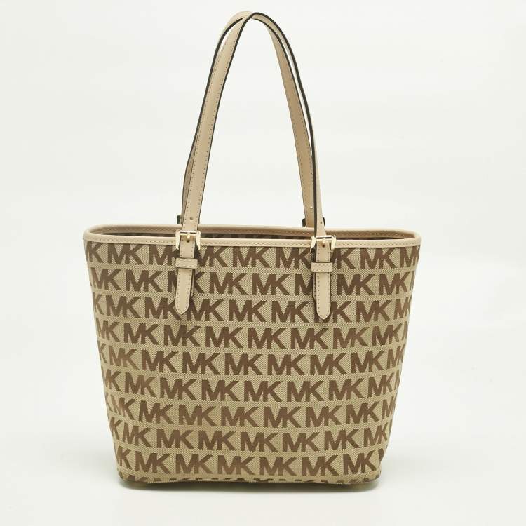 Pre Owned Michael Kors Beige Signature Canvas and Leather Jet Set Pocket Tote