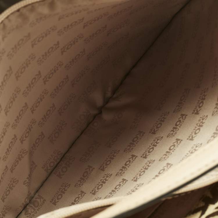 Pre Owned Michael Kors Beige Signature Canvas and Leather Jet Set Pocket Tote