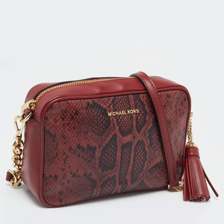 Pre Owned Michael Kors Red  Python Embossed and Leather Jet Set Tassel Camera Bag