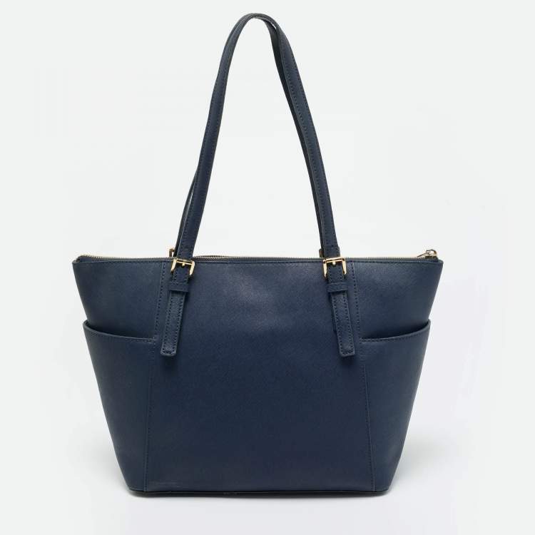 Pre Owned Michael Kors Navy Blue Leather Jet Set E/W Top Zip Tote