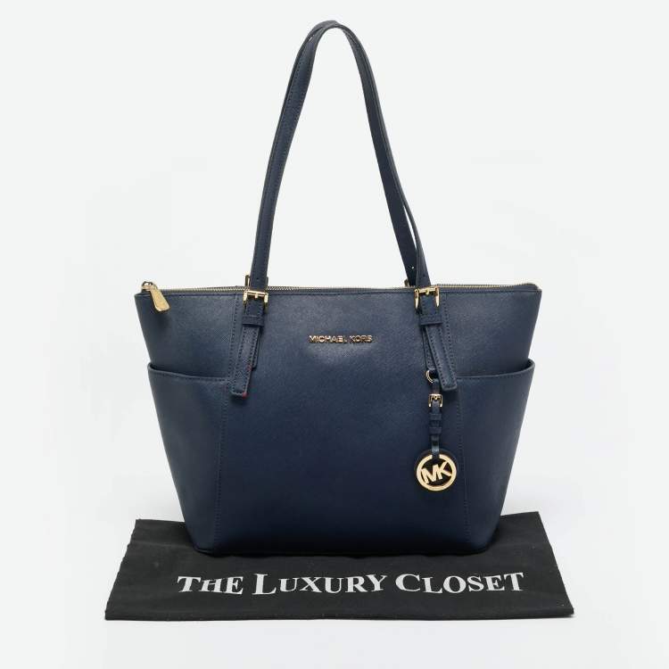 Pre Owned Michael Kors Navy Blue Leather Jet Set E/W Top Zip Tote