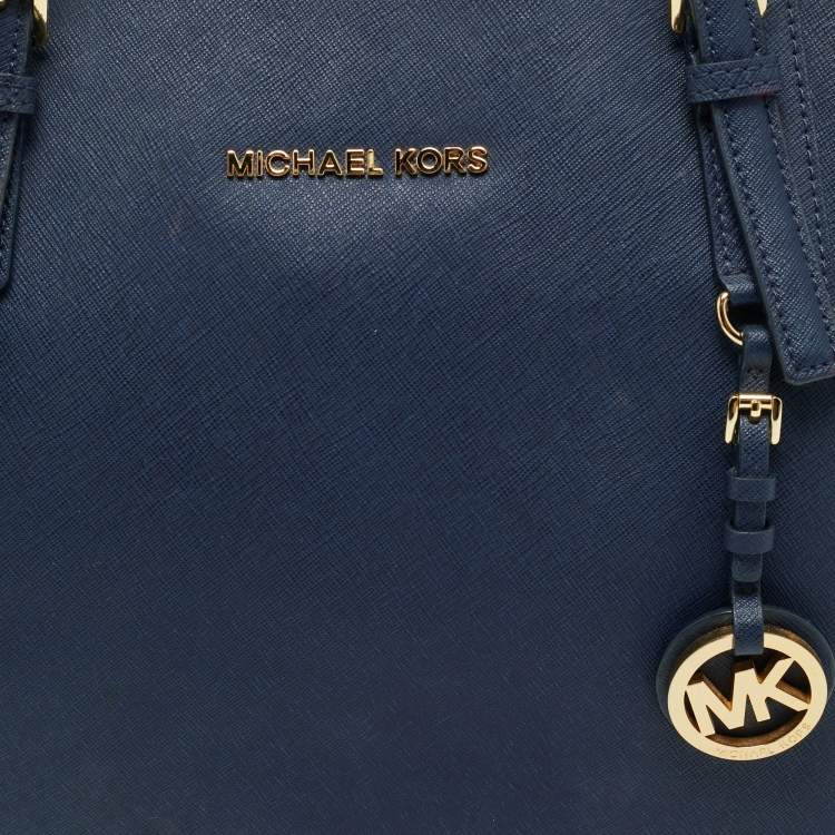 Pre Owned Michael Kors Navy Blue Leather Jet Set E/W Top Zip Tote