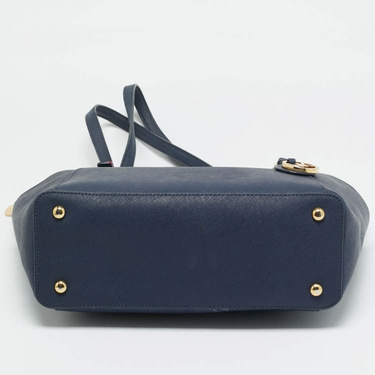 Pre Owned Michael Kors Navy Blue Leather Jet Set E/W Top Zip Tote