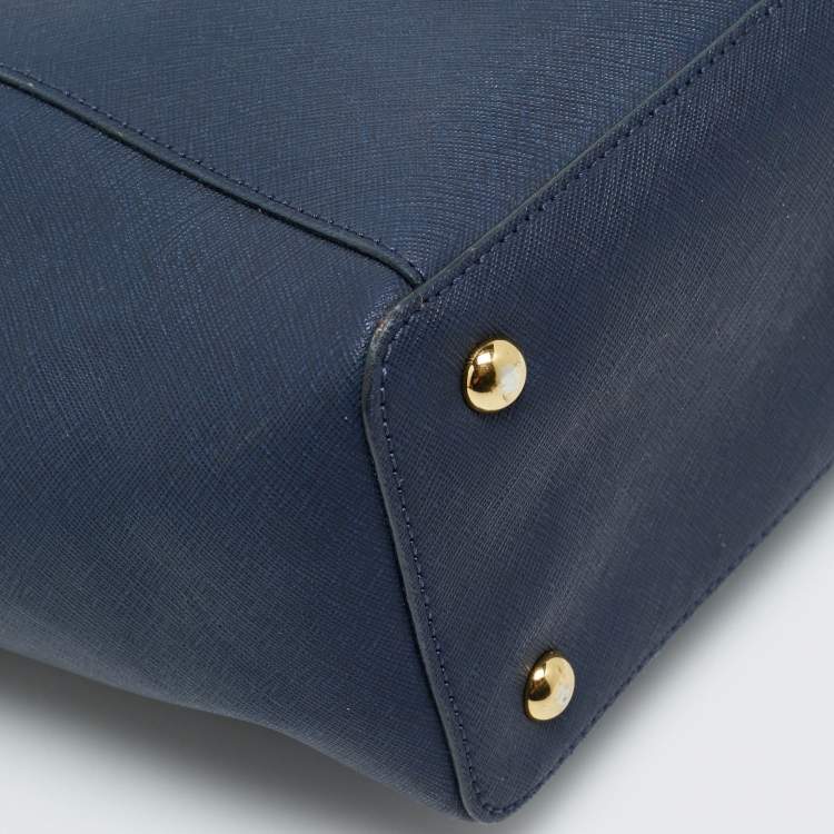 Pre Owned Michael Kors Navy Blue Leather Jet Set E/W Top Zip Tote