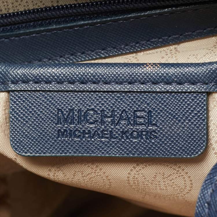 Pre Owned Michael Kors Navy Blue Leather Jet Set E/W Top Zip Tote